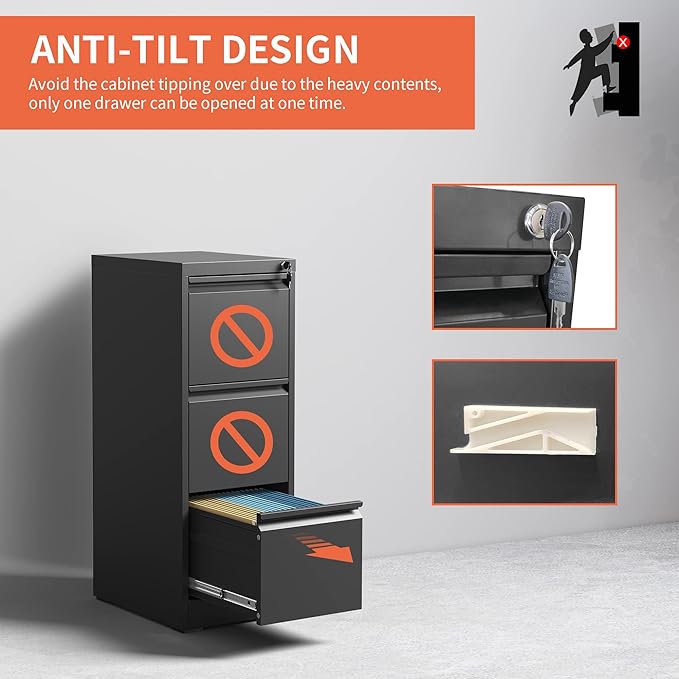 3 Drawer File Cabinet,Metal Filing Cabinets for Home Office, Black Vertical File Cabinet with Lock,Heavy Duty Metal Storage Cabinet for A4/Letter/Legal Size Files,Assembly Required