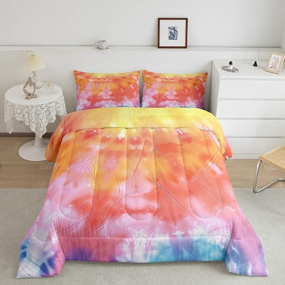 Girls Tie Dye Comforter Set with Pillowcase Trippy Bedding Boho Hippie Psychedelic Gypsy Down Comforter Twin Kids Bed Sets Soft Machine Washable Pastel Duvet Quilt Set, Orange Yellow Pink Purple Blue