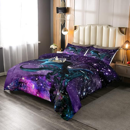 Erosebridal Dragon Bedding Set Purple Nebula Comforter Set King Size Mysterious Outer Space Duvet Set Trippy Bedding Set for Kids Boys Girls Teens Room Decor, Safari Wildlife Animals Quilt Set