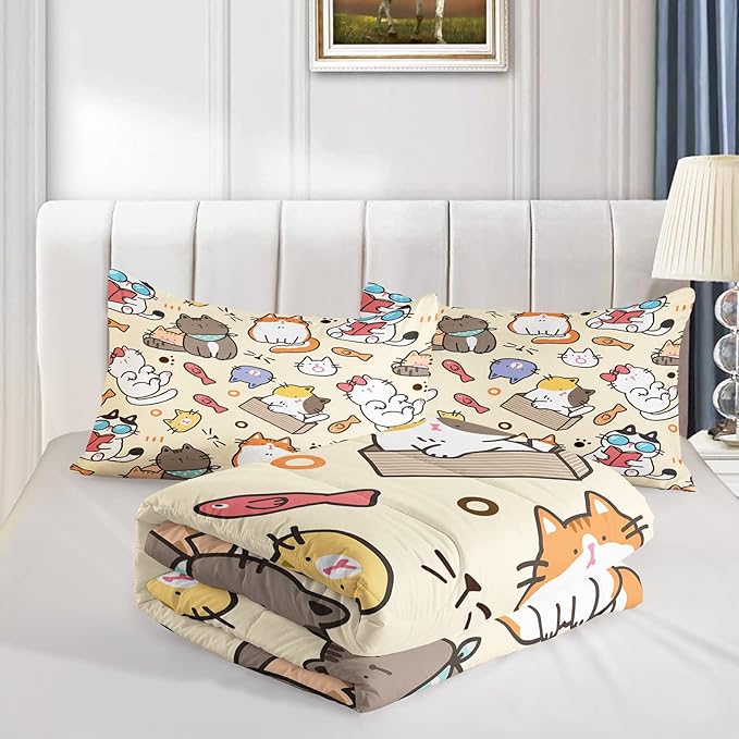 Kawaii Cat Comforter Twin,Kawaii Animals Comforter Set for Kids Teens Girls,3Pcs Bedding Set Printed Comforter with 2 Pillowcases,Down Alternative,Soft and Lightweight，Twin Size