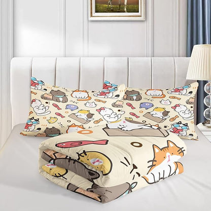 Kawaii Cat Comforter Twin,Kawaii Animals Comforter Set for Kids Teens Girls,3Pcs Bedding Set Printed Comforter with 2 Pillowcases,Down Alternative,Soft and Lightweight，Twin Size