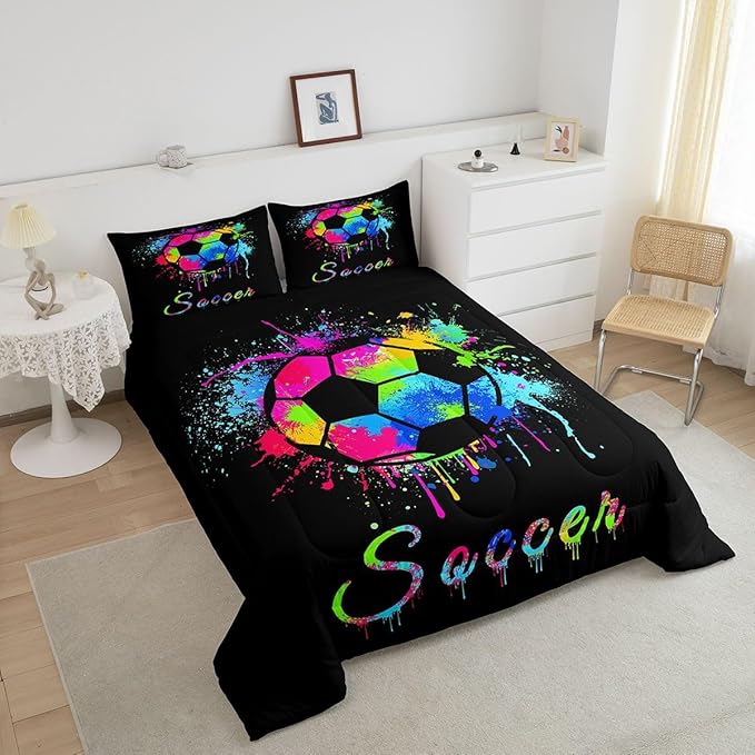 Feelyou Kids Soccer Ball Game Comforter Set Queen Size Football Bedding Set for Boys Girls Teens Bedroom Decor Rugby Sports Comforter American Football Player Duvet Set with 2 Pillow Case