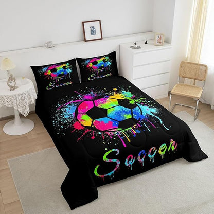 Feelyou Kids Soccer Ball Game Comforter Set Queen Size Football Bedding Set for Boys Girls Teens Bedroom Decor Rugby Sports Comforter American Football Player Duvet Set with 2 Pillow Case