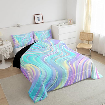 Pastel Rainbow Comforter Set with Pillowcase Abstract Wave Stripes 3D Printed Designs 2 Piece Bedroom Duvet Set Psychedelic Girl Bed Down Comforter for Kids Women Dorm Room (Twin,Coulourful Marble)