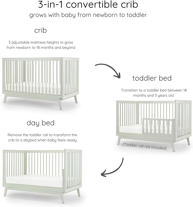 dadada Baby Soho 3-in-1 Convertible Crib to Toddler Bed – Wooden Crib Made in Italy, GREENGUARD Gold Certified Small Baby Crib – Baby-Safe Finish, Modern Design (Sage)
