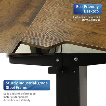 Adjustable Height L-Shaped Electric 59 Inch Sit-Stand Computer Desk with 3 Splice Boards, Lockable Casters-Ideal for Home Office, 59Inch, Rustic Brown