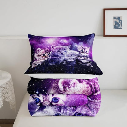 Cat Comforter Cute Pet Cats Pattern Bedding Set Outer Space Kawaii Kitten Comforter Set for Children Kids Boys Girls 3D Animal Theme Galaxy Duvet Set Room Decor Quilt Set Full Size