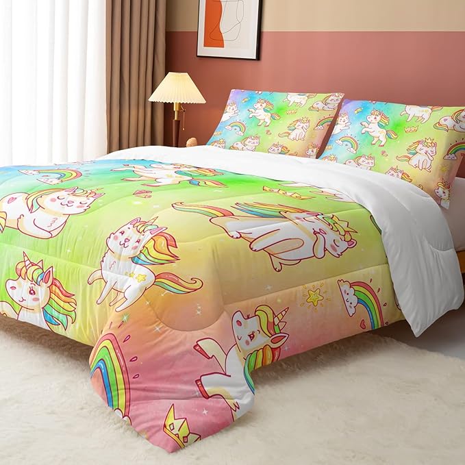 Datura home Kids Unicorn Comforter Set for Girls Boys,Kawaii Rainbow Unicorn Printed Pattern Rainbow Kawaii Bedding Set with 2 Pillowcases(Rainbow Unicorn Queen)