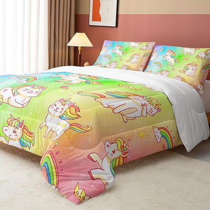 Datura home Kids Unicorn Comforter Set for Girls Boys,Kawaii Rainbow Unicorn Printed Pattern Rainbow Kawaii Bedding Set with 2 Pillowcases(Rainbow Unicorn Full)