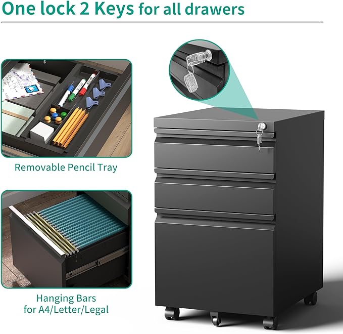 3 Drawers Mobile File Cabinet, Rolling File Cabinet Fully Assembled Under Desk, Metal Filing Cabinet with Lock for Home Office Organizer Letters/Legal/A4 (Black)