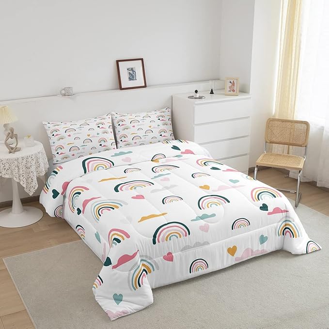 Erosebridal Kids Rainbow Bedding Set, Girly Love Heart Comforter Set Queen Size Cartoon Rainbow Cloud Duvet Sets for Girls Boys Women Bedroom Decor, Soft Microfiber Down Comforter 3 Pieces,Colorful