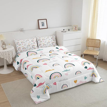 Erosebridal Kids Rainbow Bedding Set, Girly Love Heart Comforter Set Queen Size Cartoon Rainbow Cloud Duvet Sets for Girls Boys Women Bedroom Decor, Soft Microfiber Down Comforter 3 Pieces,Colorful