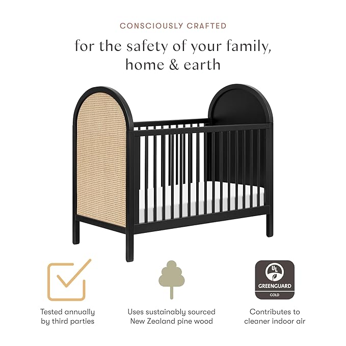 babyletto Bondi Cane 3-in-1 Convertible Crib with Toddler Bed Conversion Kit in Black with Natural Cane, Greenguard Gold Certified