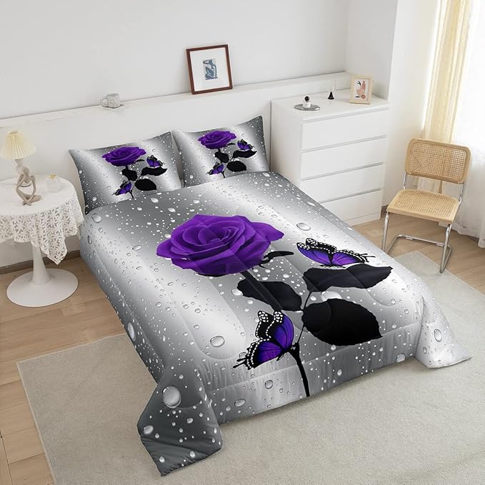 3D Rose Comforter Set Rose Floral Print Bedding Set Romantic Flowers Comforter for Kids Boys Girls Children Teens Bedroom Decor Purple Rose Butterfly Duvet Set Queen Size Quilt Set With 2 Pillow Case