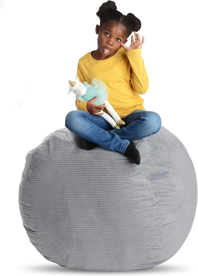 Creative QT Stuff ’n Sit Extra Large 38’’ Bean Bag Storage Cover for Stuffed Animals & Toys, Giant Beanbag Chair for Plush, Toddler & Kids Rooms Bedroom Organizer, Light Gray Corduroy