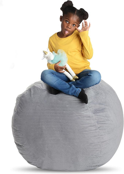 Creative QT Stuff ’n Sit Extra Large 38’’ Bean Bag Storage Cover for Stuffed Animals & Toys, Giant Beanbag Chair for Plush, Toddler & Kids Rooms Bedroom Organizer, Light Gray Corduroy