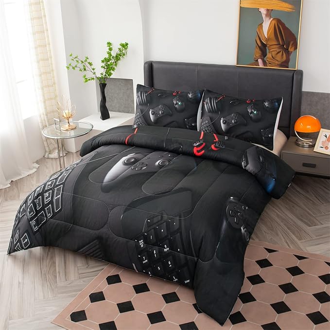 Gamer Queen Size Comforter Set for Boys Girls Kids 3D Gaming Lightweight Microfiber Quilts Video Game Bedding Sets Room Decor (Color 1,Queen)