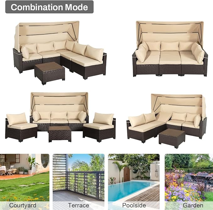 6 PCS Outdoor Patio Furniture Set,Sectional Sofa Set,Rattan Daybed with Retractable Canopy,Adjustable Backrest,Storage Coffee Table for Porch Garden Poolside Backyard(Khaki)