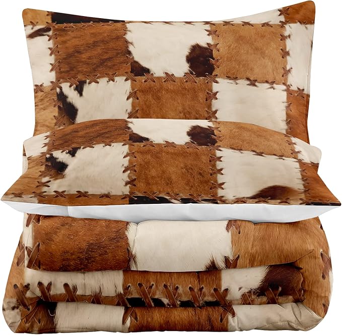 Tailor Shop Brown Cow Print Comforter Set Queen, Farmhouse Cow Print Bedding in A Bag, Leather Stitching Rustic Cowhide Comforter with 2 Matching Pillowcases Bedroom Decor………