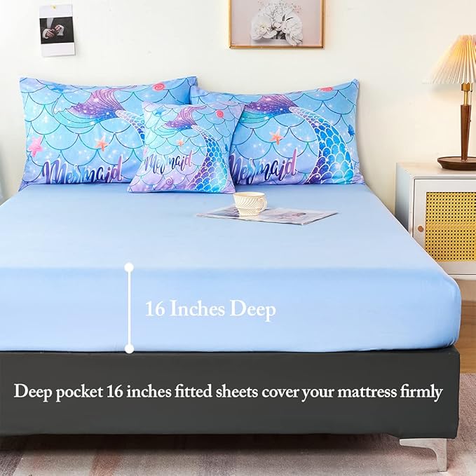 URBONUR Mermaid Tail Bedding Set Queen Size, 6Pcs Fish Scales Print Bed in a Bag Girls Queen Comforter Set, Ombre Aqua Blue Teal Pink Purple Bed Sets for Girls Bedroom Decor