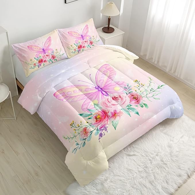CVHOUSE Butterfly Comforter Sets King for Girls Women,Butterfly Bedding Sets King Set,Butterflies Bedspread,Butterfly Duvet,Butterfly Bed Set,Butterflies Quilt Set 3 Pcs 1 Comforter and 2 Pillowcases