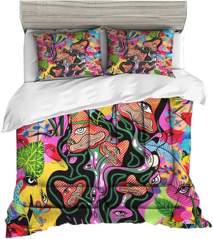 Sunnycitron 3D Colorful Mushroom Comforter set Colorful Mushroom Bedding Full size Mushroom Eyes Pattern Print Comforter Sets- All-Season (1 Comforter + 2 Pillowcases),Easy-Wash Fade Resistant