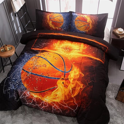 Btargot Twin Basketball and Fire Quilt Set Bedding Sets, 3D Sports Themed Bedding, All-Season Reversible Quilted Duvet, for Children Boy Girl Teen Kids - includes 1 Comforter, 2 Pillow Sham
