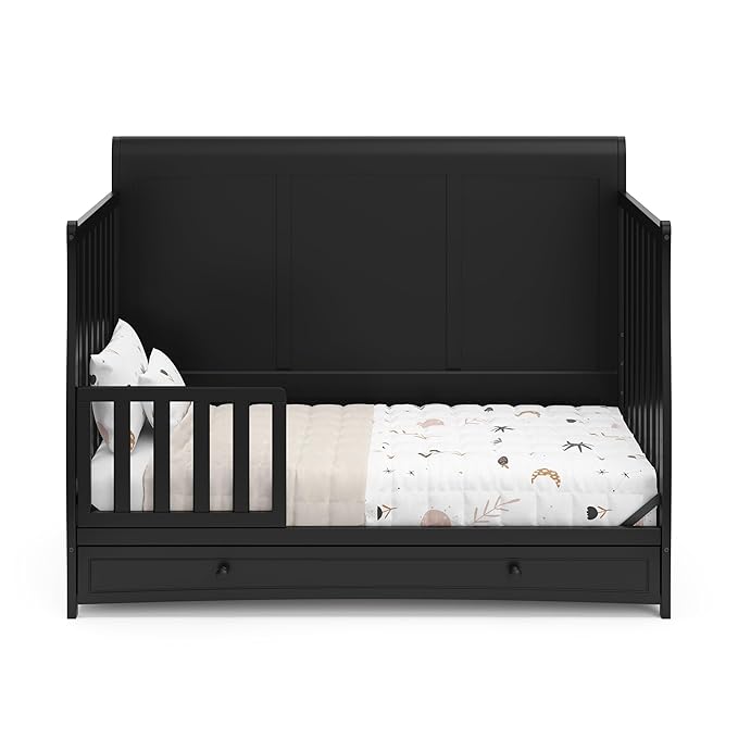 Graco Asheville 4-in-1 Convertible Crib with Drawer (Black) – GREENGUARD Gold Certified, Crib with Drawer Combo, Full-Size Nursery Storage Drawer, Converts to Toddler Bed, Daybed and Full-Size Bed