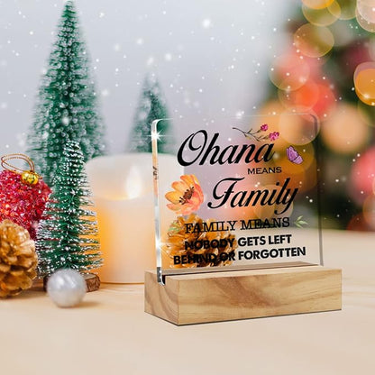 Family Quote Ohana Means Family Desk Decor Acrylic Desk Sign Acrylic Plaque Home Office Living Room Desk Shelf Decoration Gift 4.7"x4.7"