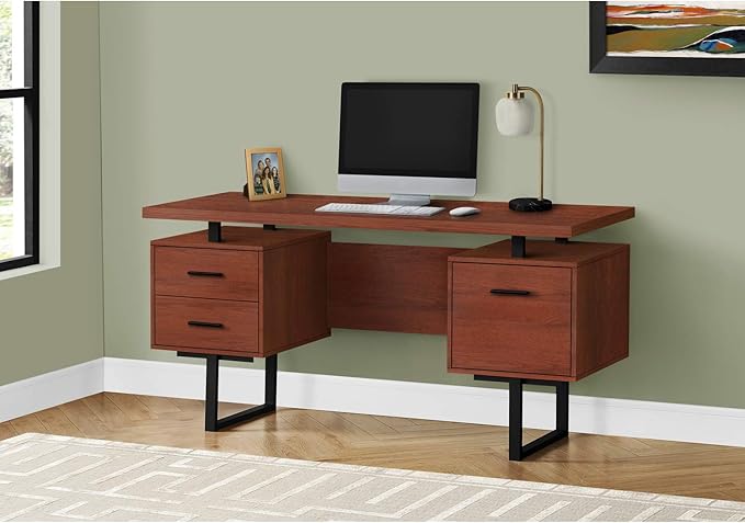 Monarch Specialties 7626 Computer Desk, Home Office, Laptop, Left, Right Set-up, Storage Drawers, Work, Metal, Laminate, Brown, Contemporary Desk-60 L Cherry Black, 60" L x 23.75" W x 30.25" H
