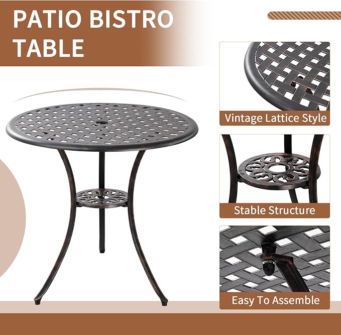 Patio Bistro Set 3 Piece Outdoor Cast Aluminum Bistro Table and Chairs Set of 2 with 1.97" Umbrella Hole,All Weather Outdoor Bistro Set for Front Proch Set (Bronze)