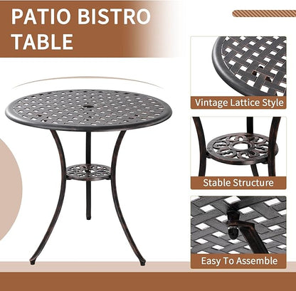 Patio Bistro Set 3 Piece Outdoor Cast Aluminum Bistro Table and Chairs Set of 2 with 1.97" Umbrella Hole,All Weather Outdoor Bistro Set for Front Proch Set (Bronze)