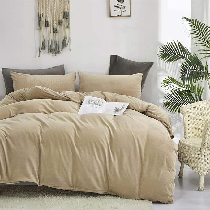 Wellboo Beige Velvet Comforter Sets Full Solid Cream Coffee Fluffy Bedding Comforters Luxury Champagne Flannel Quilts Women Men Light Taupe Fuzzy Blankets Modern Minimalist Khaki Tan Sherpa Plush Bed