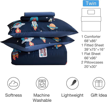 beeweed 5 Piece Kid Comforter Set Twin Size, Space Rocket & Astronaut Bedding Set for Teen Boys Girls