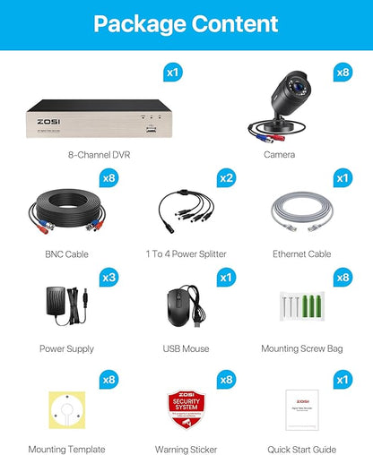 ZOSI 3K Lite 8CH Home Security Camera System Outdoor Indoor, AI Human/Vehicle Detection, Night Vision, H.265+ 5MP Lite 8 Channel CCTV DVR, 8pcs 1080P 1920TVL Surveillance Bullet Cameras (No HDD)