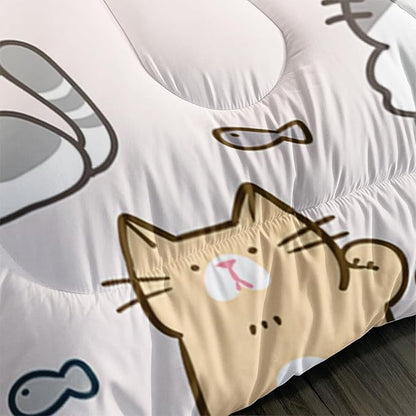 Kids Cute Cat Comforter Set Queen Size 3Pcs Cartoon Pet Cat Fishing Bedding Set Lovely Animal Quilt Bed Set for Children Girls Boys Room Decor