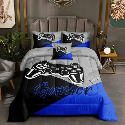 5 Pieces Bed in A Bag Gamer Bedding Set for Boys Kids Gaming Comforters Set,Gamer Bed in a Bag Complete with Comforter Set Sheets Flat Sheet Pillowcase,DJT5002Twin Size