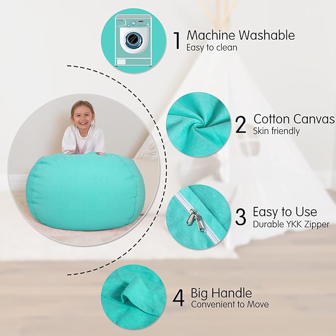 Aubliss Stuffed Animal Bean Bag Storage Chair, Beanbag Covers Only for Organizing Plush Toys, Turns into Bean Bag Seat for Kids When Filled, Large 38"-Canvas Solid Aqua