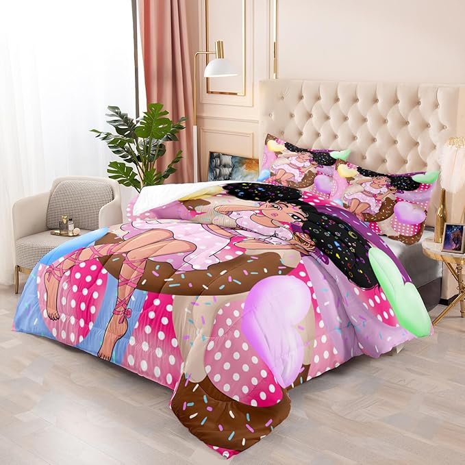 African American Girl Comforter Set Black Girl Comforter Set Princess Bedding with Donut Girl Prints Kids Comforter Sets Gifts for Girls Bedroom Decor Pink Full Size Quilt Sets with 2 Pillowcases