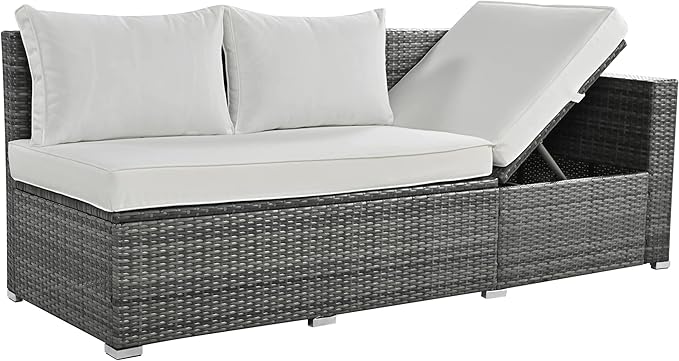 6-Piece Outdoor Furniture Set with Dining Table, Adjustable Seat and Storage Box, All Weather PE Rattan Patio Conversation Sofa L-Shaped Couch for Garden Lawn, Grey Wicker+Beige Cushion