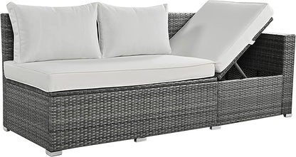 6-Piece Outdoor Furniture Set with Dining Table, Adjustable Seat and Storage Box, All Weather PE Rattan Patio Conversation Sofa L-Shaped Couch for Garden Lawn, Grey Wicker+Beige Cushion