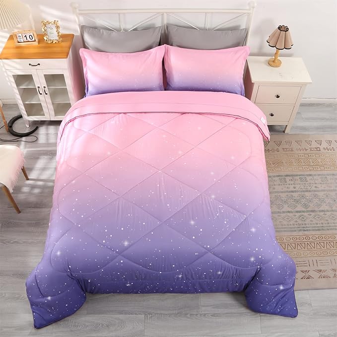 Wowelife Glitter Comforter Set Pink Queen 5 Pieces Galaxy Bedding Set Purple Kids Bedding Set Rainbow Bed in a Bag for Boys and Girls with Comforter, Flat Sheet, Fitted Sheet and 2 Pillowcases