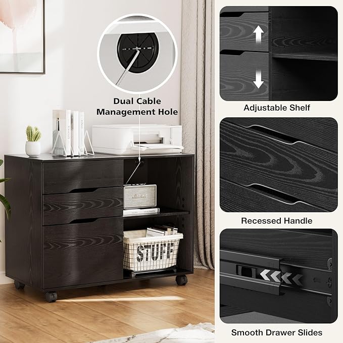DUMOS Lateral File Cabinet with 3 Drawers Rolling Wooden Printer Stand Under Desk Storage Organizer with 4 Wheels Adjustable Shelf for Office Home, Black