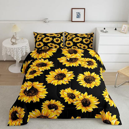 Black Sunflowers Comforter Set Yellow 3D Floral Flowers Comforter Yellow Sunflower Printed Black Reversible Down Comforter Boys Girls Botanical Bedding Sets with 2 Pillowcases (Full, Black Sunflower)