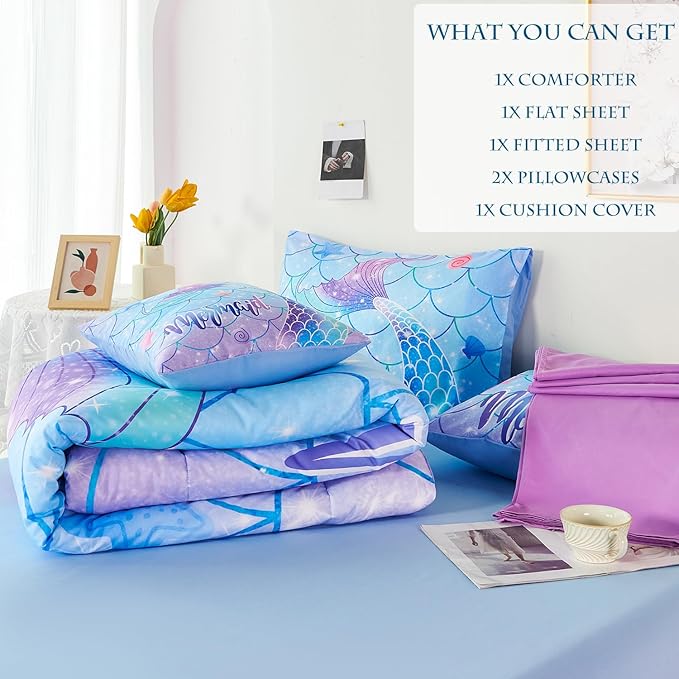 URBONUR 6Pcs Twin Comforter Set for Girls Pastel Purple Blue Mermaid Printed Bedding Set for Girls Bedroom, Soft All Season Bed in a Bag Comforter with Sheet Set, Twin Size
