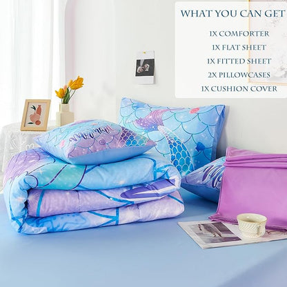 URBONUR 6Pcs Twin Comforter Set for Girls Pastel Purple Blue Mermaid Printed Bedding Set for Girls Bedroom, Soft All Season Bed in a Bag Comforter with Sheet Set, Twin Size