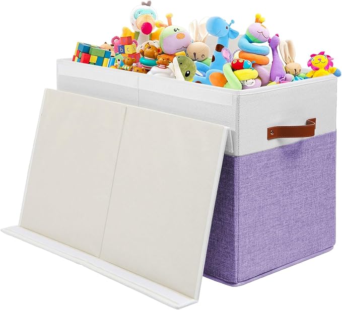 Large Toy Storage Box with Lid, Sturdy Toys Storage Chest Bin Organizer Basket with Dividers for Kids, Boys, Girls, Nursery, Closet, Bedroom, Playroom 25"x13" x16" (Purple and White)