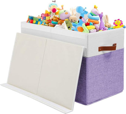 Large Toy Storage Box with Lid, Sturdy Toys Storage Chest Bin Organizer Basket with Dividers for Kids, Boys, Girls, Nursery, Closet, Bedroom, Playroom 25"x13" x16" (Purple and White)