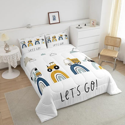 Feelyou Boys Cartoon Car Comforter Set, Kids Construction Vehicles Comforter for Kids Children Cartoon Rainbow Truck Bedding Set Cute Cars Soft Quilt Set Bedroom Collection 2Pcs Twin Size