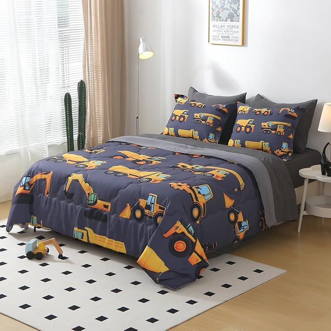 Wajade 7 Piece Construction Truck Kids Comforter Set for Boys Twin Size 3D Vehicles Excavator Cars Bedding Set for Kids Teens(1 Comforter, 1 Flat Sheet, 1 Fitted Sheet, 2 Pillowcase and 2 Pillow Sham)